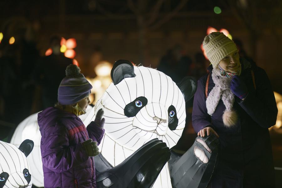 Pessoas visitam uma exibição de lanternas celebrando o próximo Ano Novo Lunar Chinês no Centro John F. Kennedy para Artes Cênicas em Washington D.C., Estados Unidos, em 29 de janeiro de 2022. (Ting Shen/Xinhua)