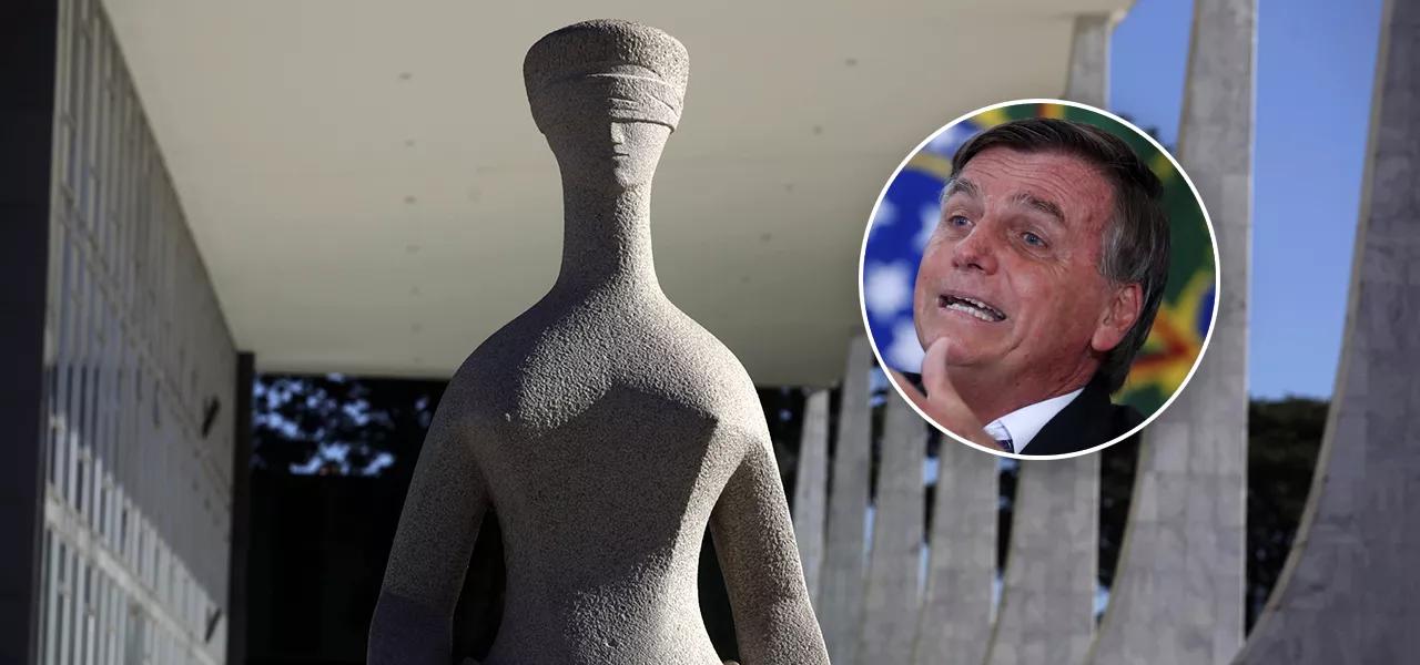 Estátua da Justiça em frente ao prédio do Supremo Tribunal Federal em Brasília e Jair Bolsonaro