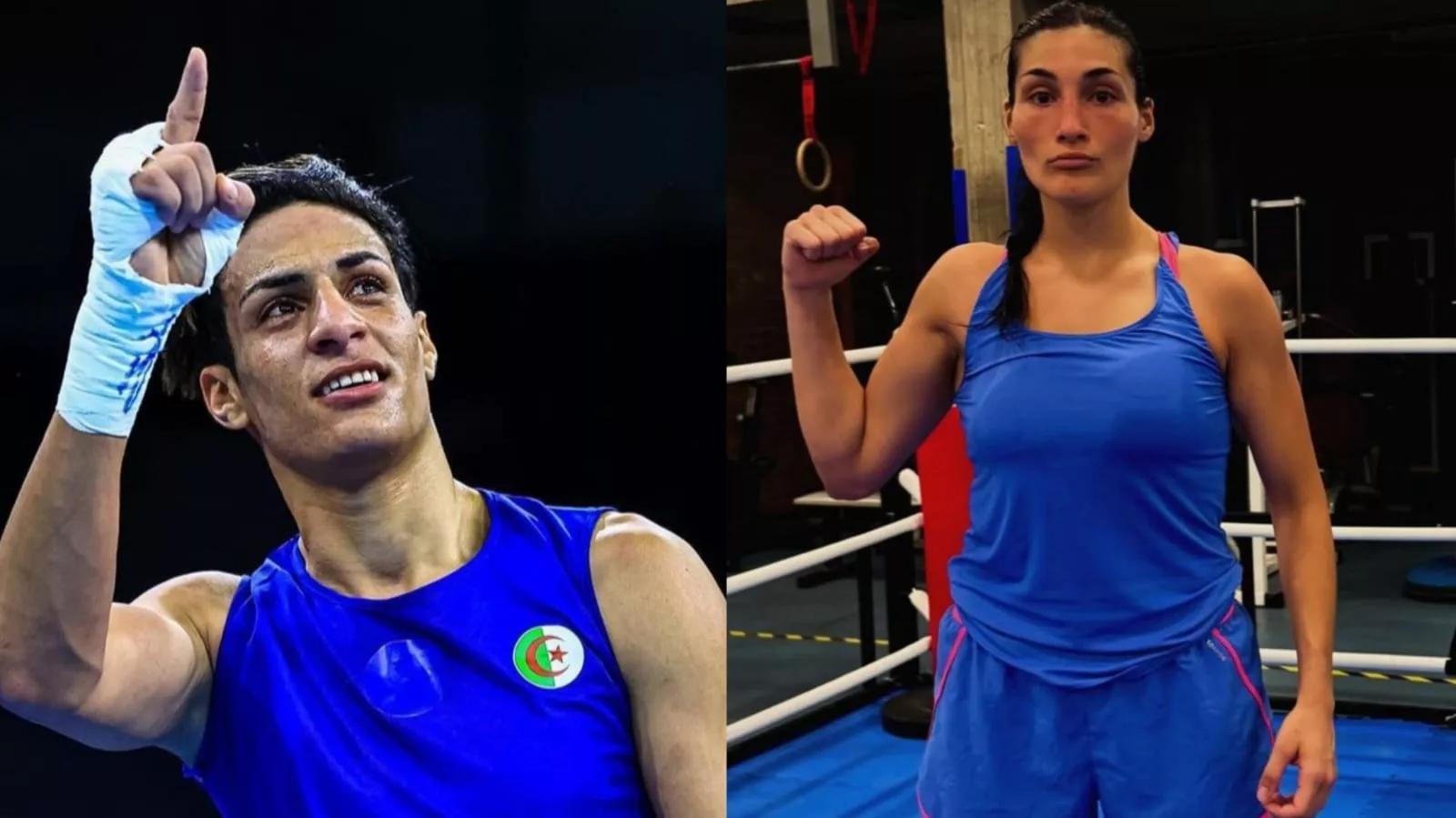 Imane Khelif (atleta trans à esquerda) e Angela Carini (à direita) boxeadora italiana