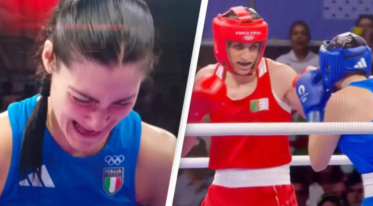 Angela Carini, boxeadora italiana chorando (à esquerda) e Imane Khelif, boxeadora trans da Argélia (à direita)