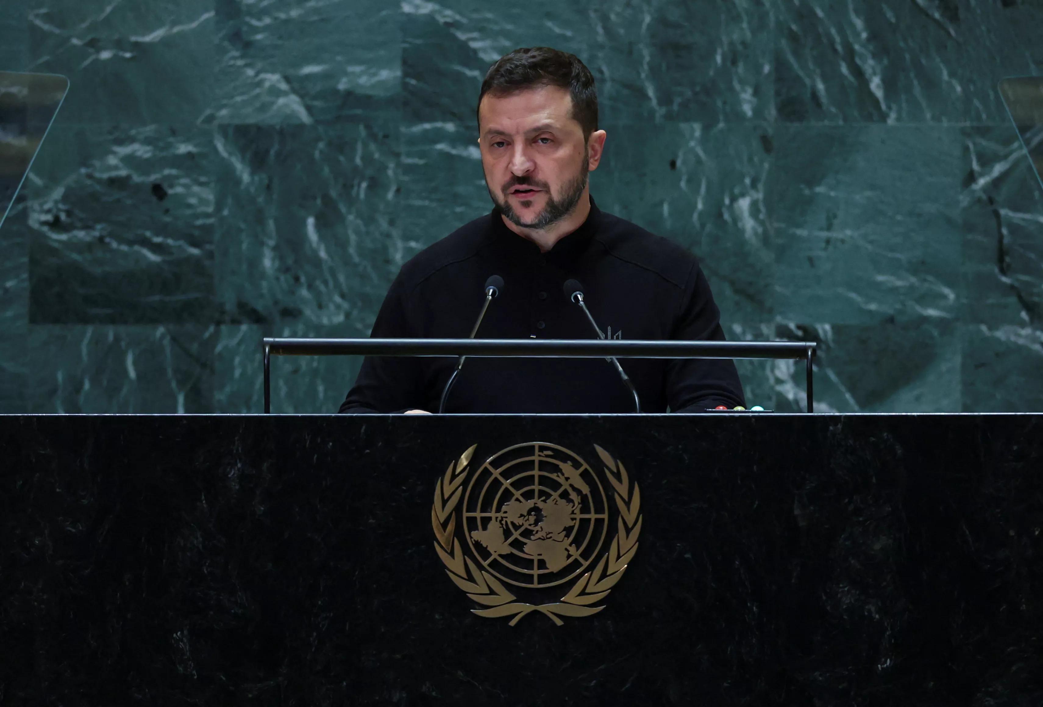 Presidente da Ucrânia, Volodymyr Zelenskiy, durante discurso na Assembleia Geral da ONU, em Nova York, EUA
25/09/2024
REUTERS/Mike Segar